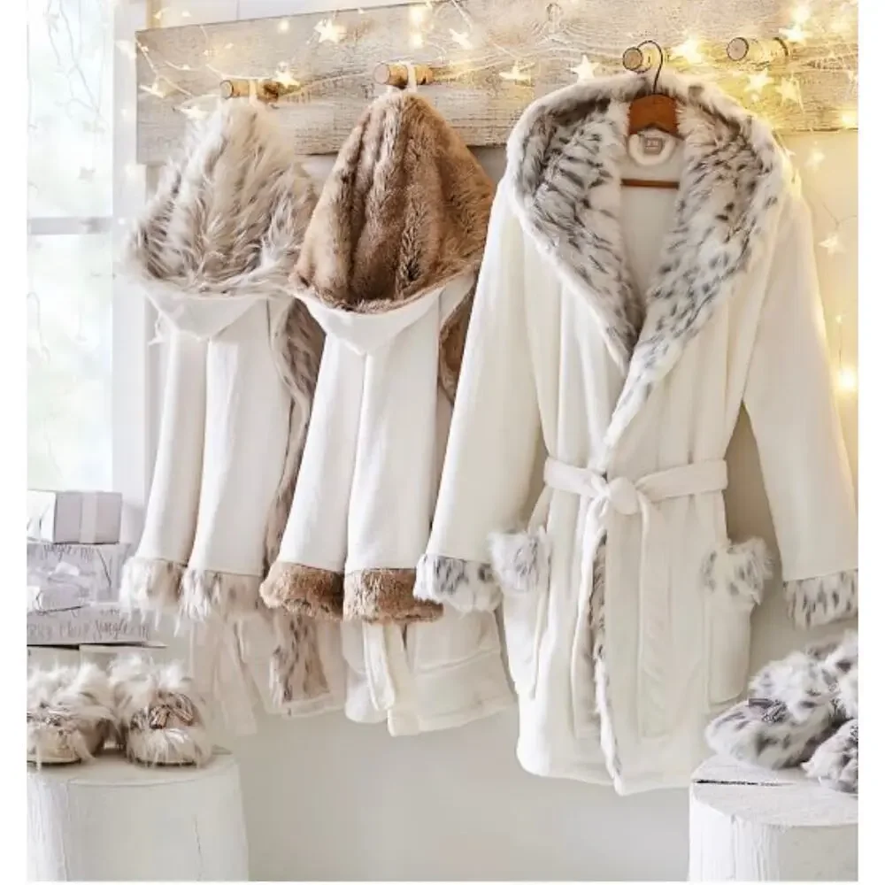 Pottery Barn PB Teen Faux Animal Fur Trim Hooded Robe Ombre Ivory Belt Tie EUC